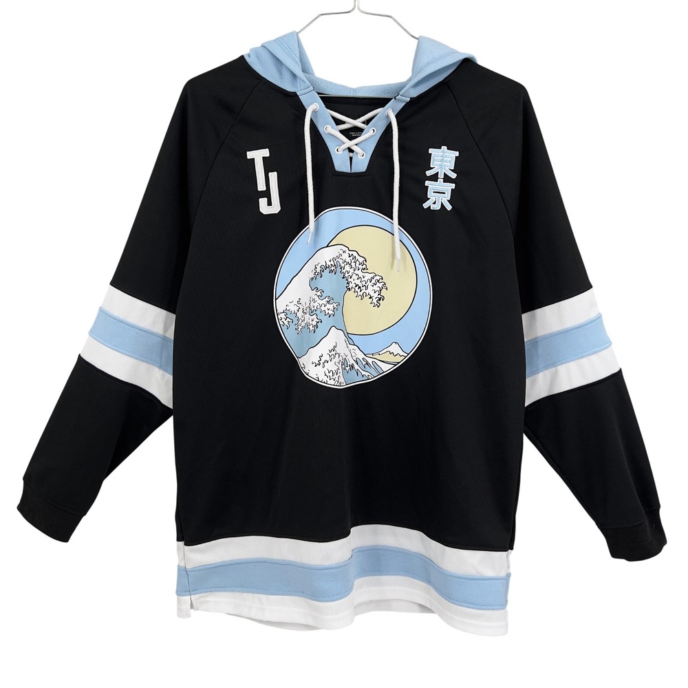 Rue21 Mens Medium Black Great Wave Tokyo Japan Hockey‎ Jersey Style Hoodie M